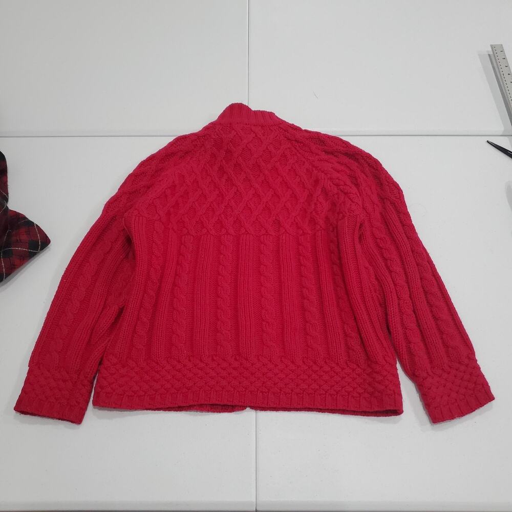 Aran Sweater Market Sweater Cardigan Womens Large Red Merino Wool Cable Zip - Picture 2 of 6